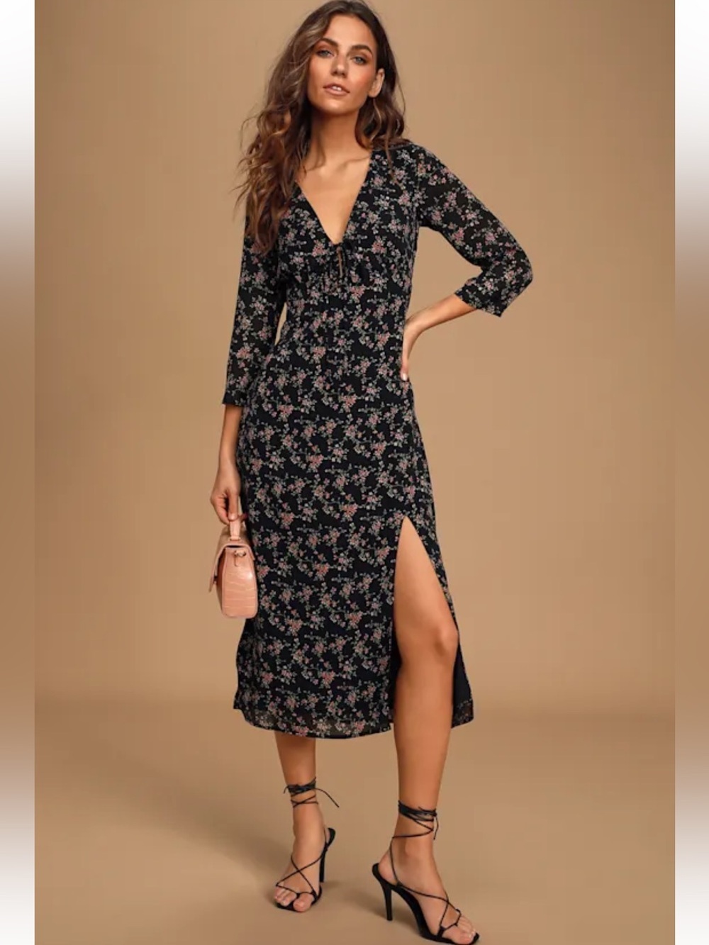 NWT Lulus Botanic Garden Black Floral Print Midi Dress 3/4 sleeve Size Medium